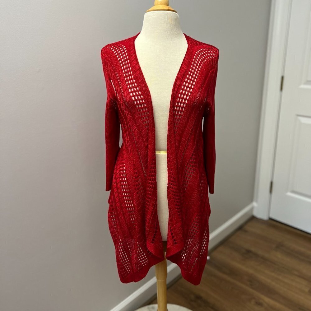 Chicos Red Crochet Waterfall Cardigan Sz 2 (12)